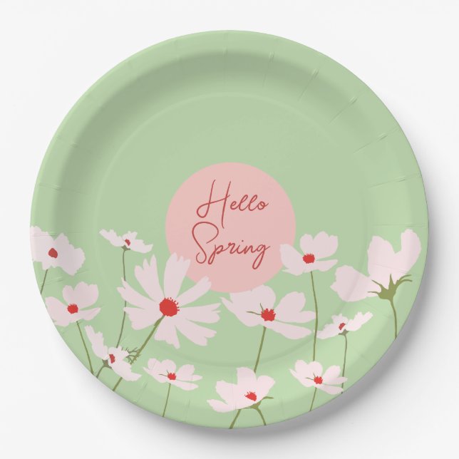 Hello Spring light pink red cosmos flowers Paper Plates (Front)
