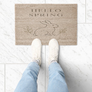 Hello Spring Minimal Bunny Line Art Fiber Doormat