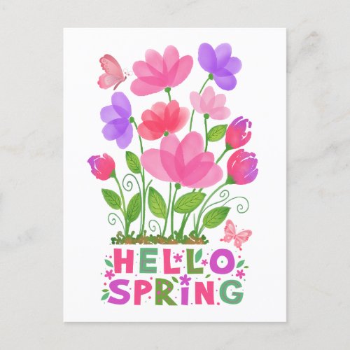 Hello Spring Pink and Purple Flowers  Butterflies Postcard