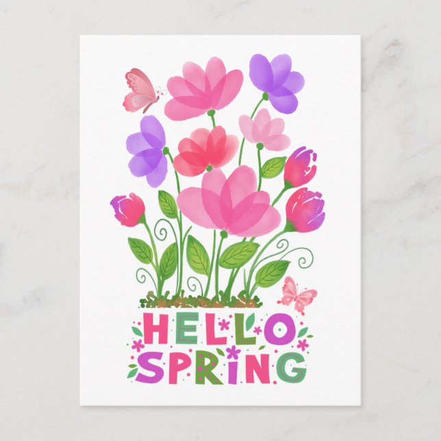 Hello Spring Pink and Purple Flowers & Butterflies Postcard (Front)