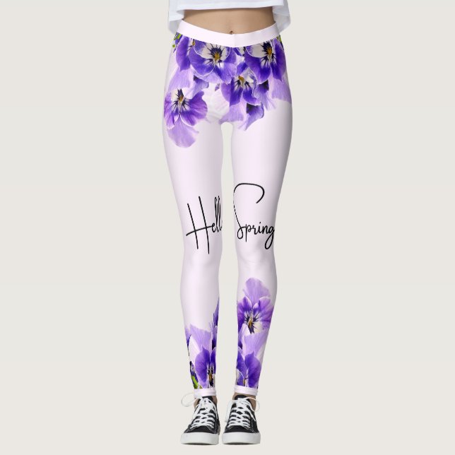 Hello Spring Purple Color Flower Design Leggings (Front)