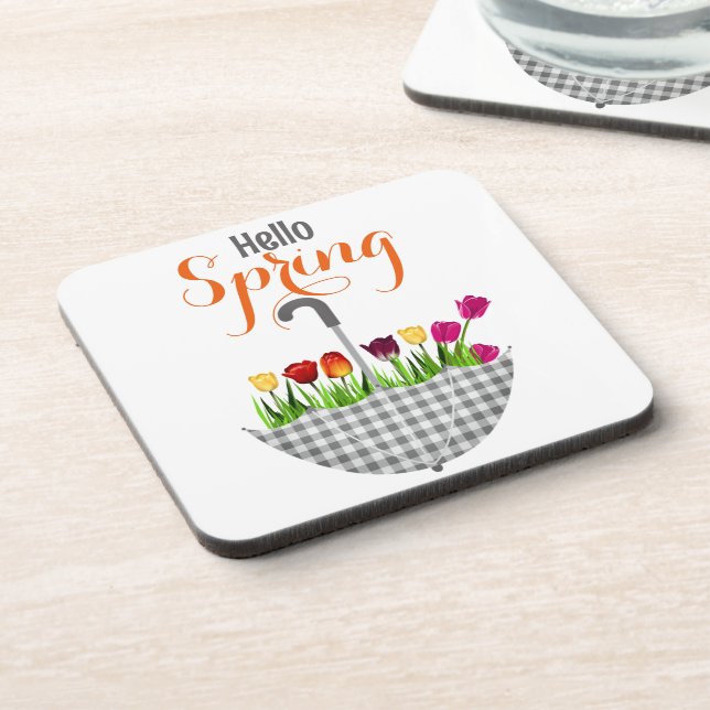 HELLO SPRING Quote Tulip Floral Beverage Coaster (Left Side)