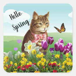 Hello Spring Seasonal Cat in Garden Square Sticker
