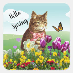 Hello Spring Seasonal Cat in Garden Square Sticker