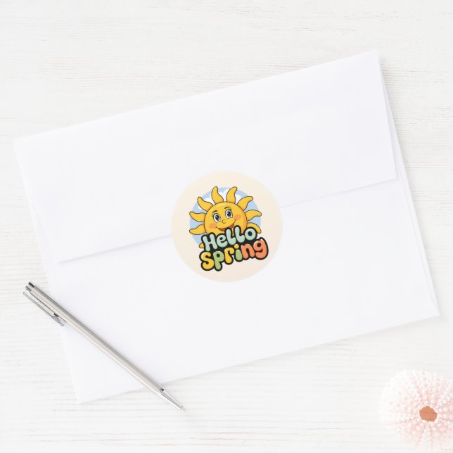 Hello Spring: Smiling Sun and Blue Sky Classic Round Sticker (Envelope)