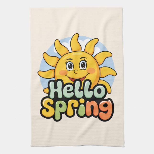 Hello Spring: Smiling Sun and Blue Sky Kitchen Towel (Vertical)
