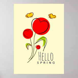 Hello Spring Text with Cute Red Heart Flowers Poster