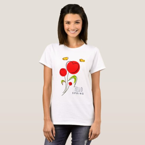 Hello Spring Text with Red Heart Flowers T_Shirt