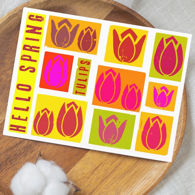 Hello spring tulips stamp style colorful Postcard (Creator Uploaded)