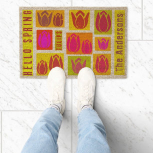 Hello Spring tulips welcome family name Coir Mat