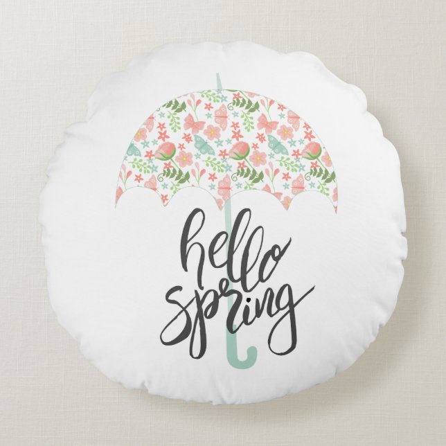 Hello Spring Umbrella Round Pillow (Front)