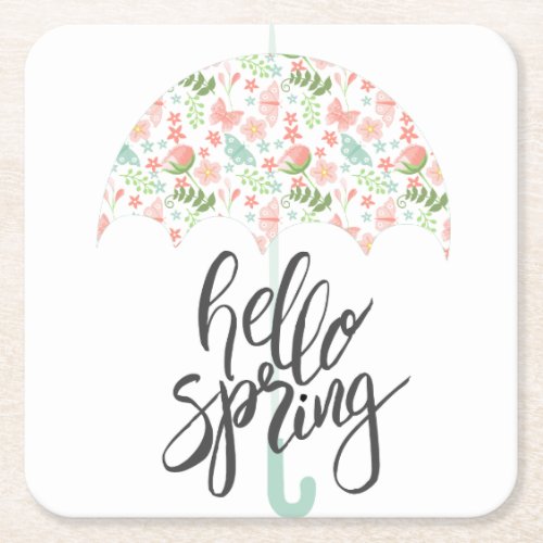 Hello Spring Umbrella Square Paper Coaster