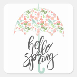 Hello Spring Umbrella Square Sticker