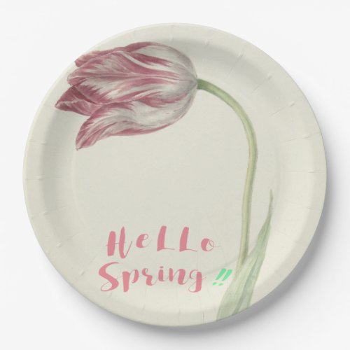 Hello spring Vintage Dutch Art Pink  White Tulip Paper Plates