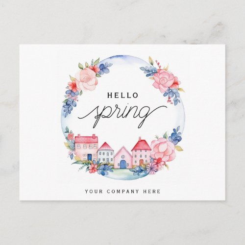 Hello Spring Watercolor Floral Wreath House Realty Postcard