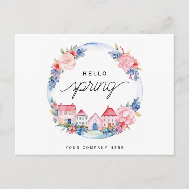 Hello Spring Watercolor Floral Wreath House Realty Postcard (Front)