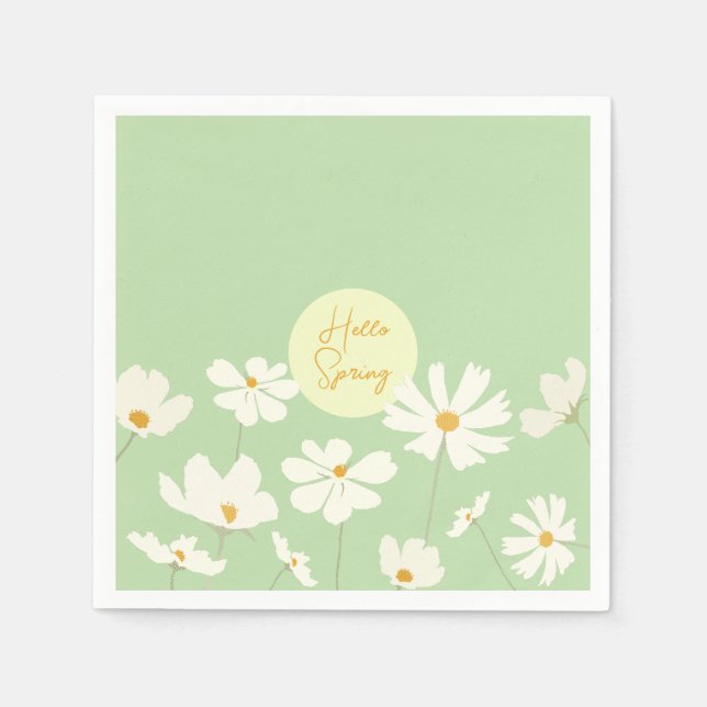 Hello Spring white cosmos flowers yellow middle  Napkins (Front)