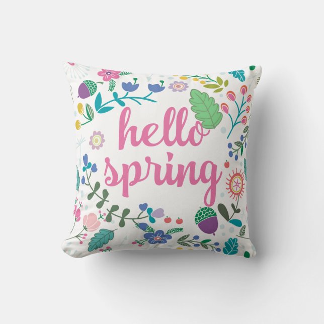 Hello Spring with Floral Art Throw Pillow (Front)