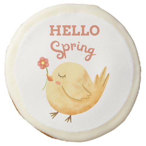 HELLO Spring Yellow Baby Bird Holding a Flower Sugar Cookie