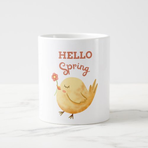 HELLO Spring Yellow Baby Bird Holding Flower  Giant Coffee Mug