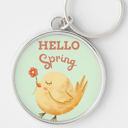 HELLO Spring Yellow Baby Bird Holding Flower Keychain