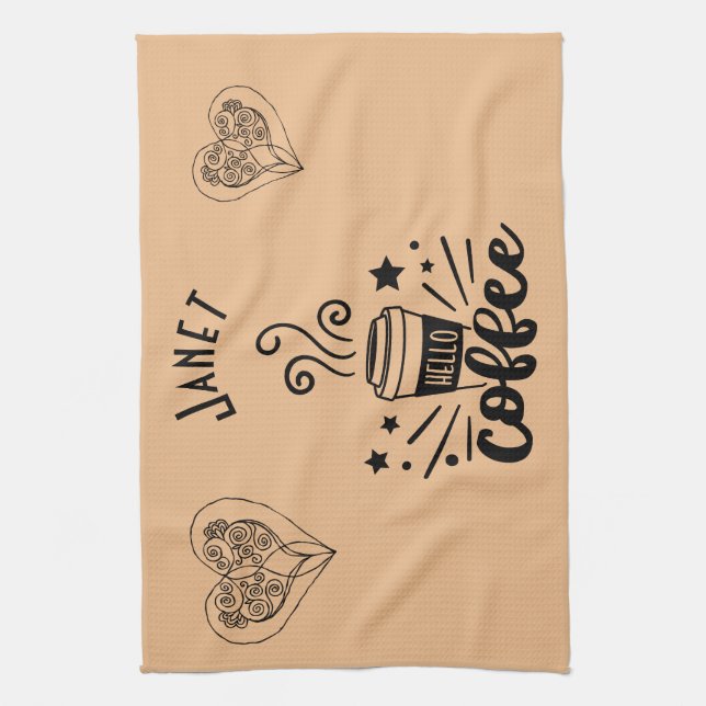 Hello Steaming Coffee Personalized With Hearts Kitchen Towel (Vertical)