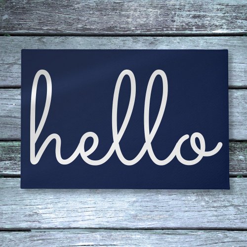 Hello Stylish Modern Script Navy Blue Doormat