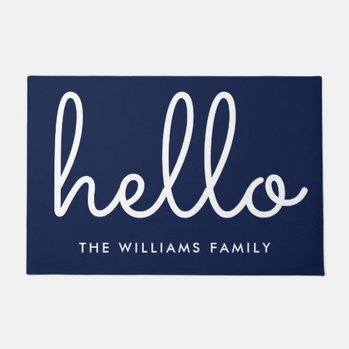 Hello Stylish Script Navy Blue Custom Family Name Doormat