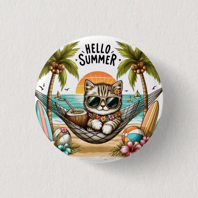 Hello Summer Beach Cat Button (Front)