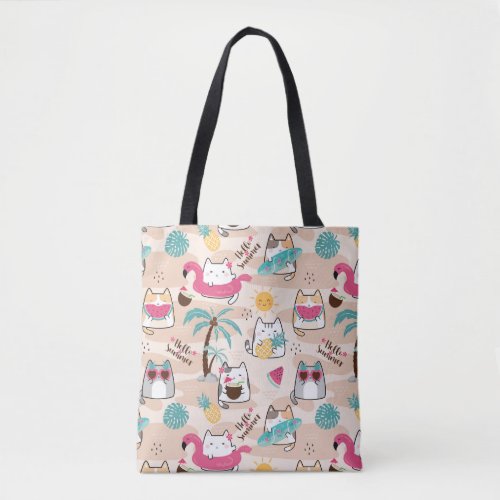 Hello Summer Beach Cat Surfer Kawaii Kitty  Tote Bag