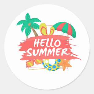 Hello Summer Beach Design   Tropical Vacation Illu Classic Round Sticker