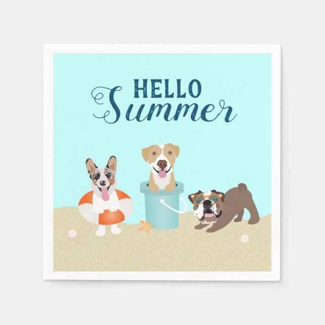 Hello Summer Beach Dogs Blue Orange Napkins (Front)