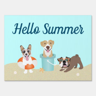 Hello Summer Beach Dogs Blue Orange Sign