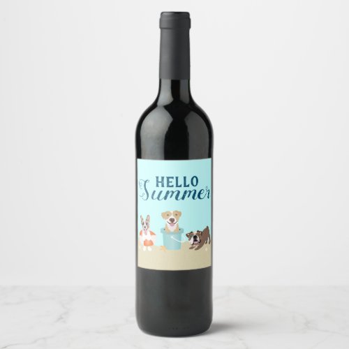 Hello Summer Beach Dogs Blue Wine Label