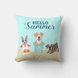 Hello Summer Beach Dogs Throw Pillow