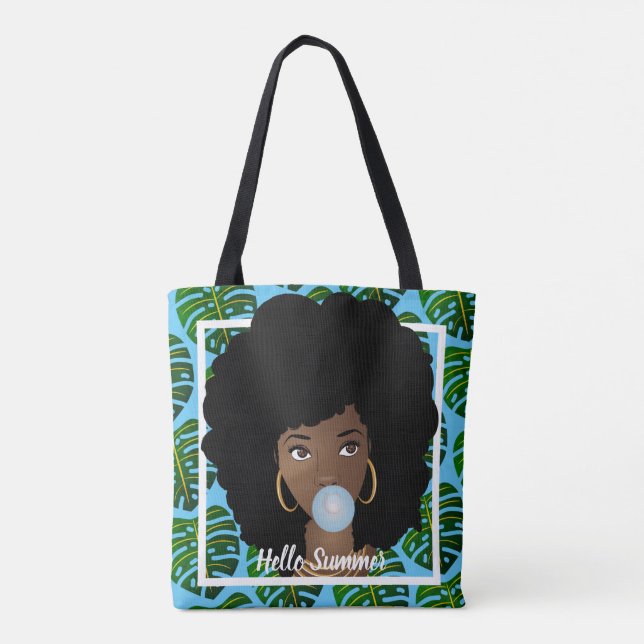 Hello Summer, Black Woman, Tropical Leaves, Blue Tote Bag (Back)