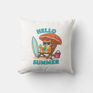 Hello Summer Cat T-Shirt – Cute Cartoon Beach Gift Throw Pillow