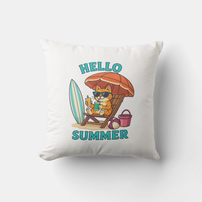 Hello Summer Cat T-Shirt – Cute Cartoon Beach Gift Throw Pillow (Front)