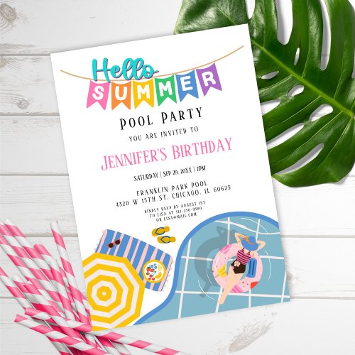 Hello Summer Colorful Banner Pool Party Birthday Invitation
