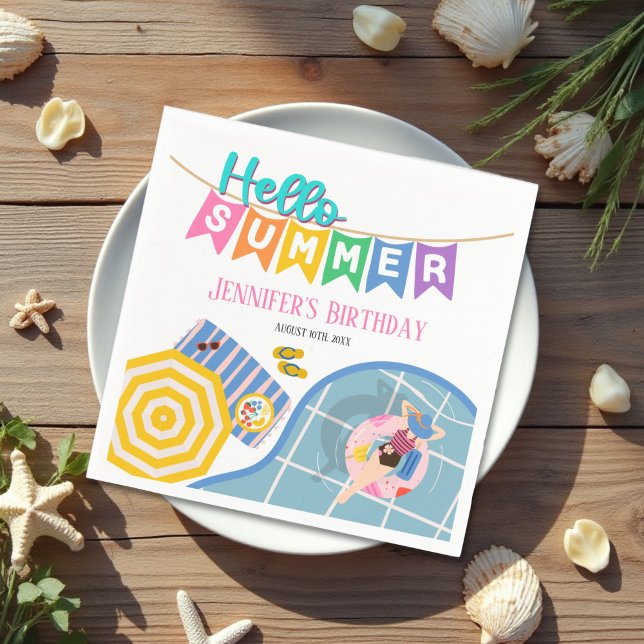 Hello Summer Colorful Banner Pool Party Birthday Napkins (Creator Uploaded)