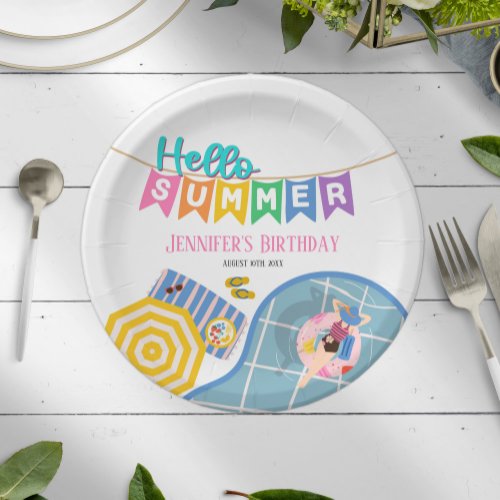 Hello Summer Colorful Banner Pool Party Birthday Paper Plates