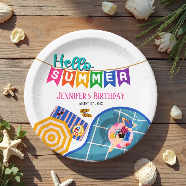 Hello Summer Colorful Banner Pool Party Birthday Paper Plates (Creator Uploaded)