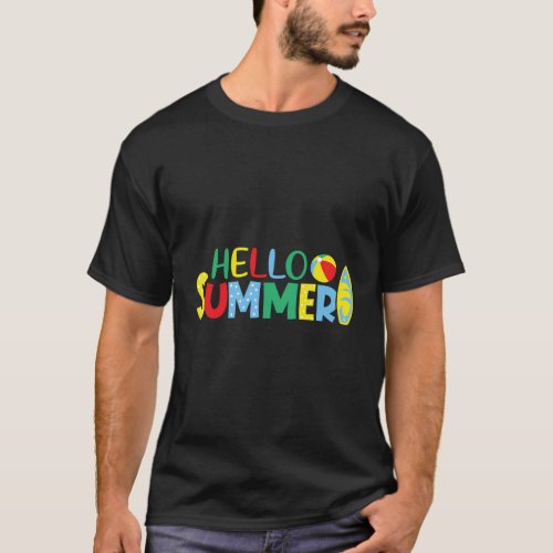 Hello Summer Colorful Beach Ball Surf Board T_Shirt