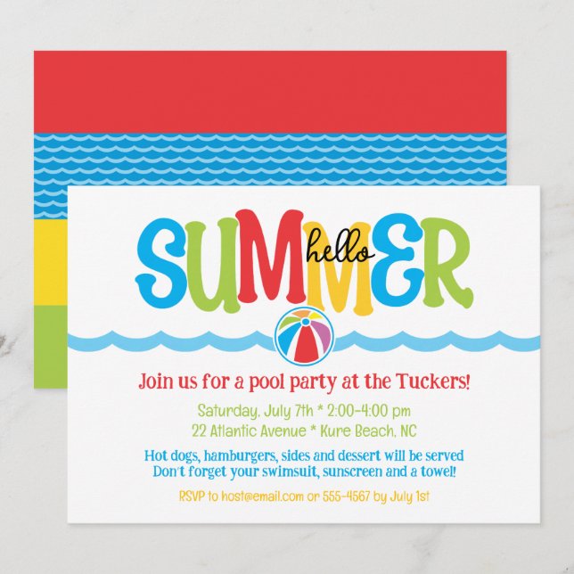 Hello Summer Colorful Beach Ball Waves Pool Party Invitation (Front/Back)