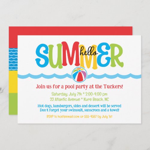 Hello Summer Colorful Beach Ball Waves Pool Party Invitation