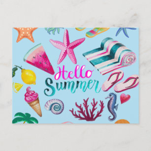 Hello Summer Colorful Beach Ocean Themed  Postcard