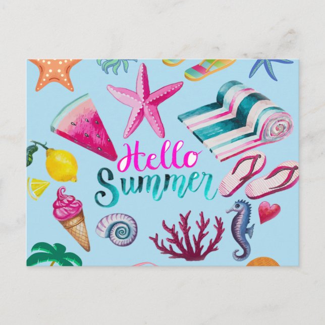 Hello Summer Colorful Beach Ocean Themed  Postcard (Front)