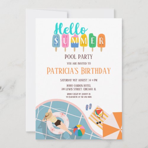 Hello Summer Colorful Ice Creams Pool Party Bday Invitation