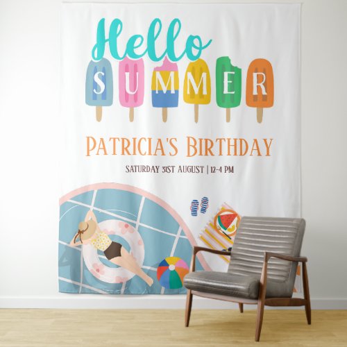Hello Summer Colorful Pool Party Bday Backdrop