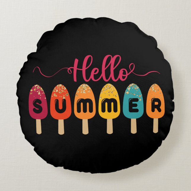 Hello Summer | Colorful Popsicle Ice Cream Round Pillow (Front)